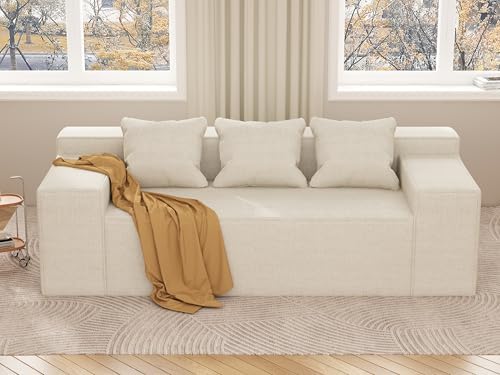 Modern 3-Seater Sofa, Hybrid Sofa in a Box, No Assembly Required, Comfy Sofa Couch with 3 Matching Pillows, Cat-Scratch Resistant Linen, Couch for Living Room or Bedroom, Beige