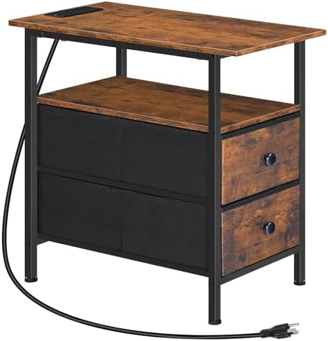 HOOBRO End Table with Charging Station, Narrow Side Table, Nightstand with 2 Non-Woven Drawers, Slim Sofa Side Table, for Small Spaces, Living Room, Bedroom, Rustic Brown and Black BF486UBZ01
