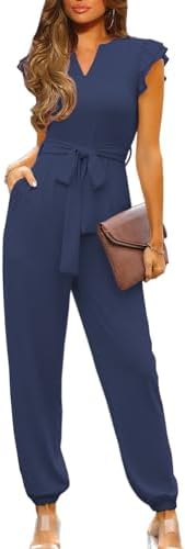 Happy Sailed Womens Jumpsuits Casual Dressy V Neck Frill Sleeve Waist Belt Pockets Long Pants Romper One Piece Outfits