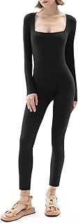 PUMIEY Jumpsuits for Women Square Neck Long Sleeve Bodycon Unitard One Piece Outfits Chill Collection