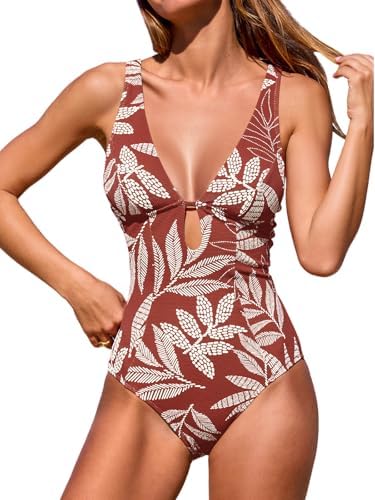CUPSHE Women's One Piece Swimsuit Deep V Neck Keyhole Cutout O Ring Textured Bathing Suit