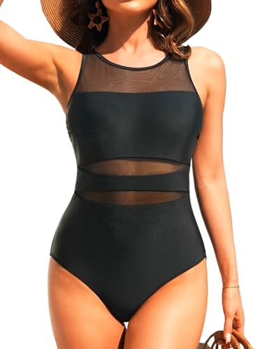 Holipick Women High Neck One Piece Mesh Swimsuits Full Coverage Bathing Suits Slimming Swimwear