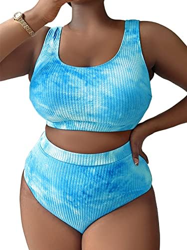MakeMeChic Women's Plus Size 2 Piece Bathing Suits Tie Dye High Waisted Ribbed Bikini Swimsuits