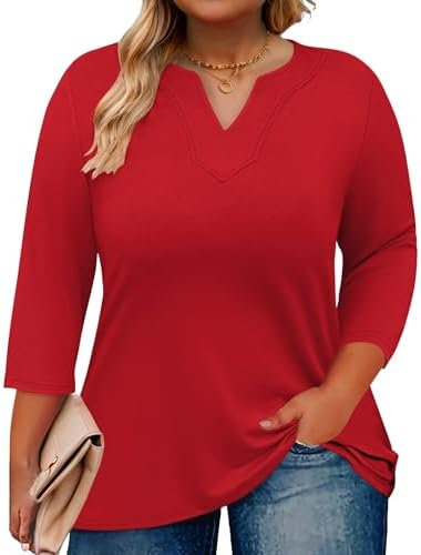 Romanstii Womens Plus Size Tops Casual 3/4 Sleeve V Neck T Shirt Loose Fit Tunic Blouse 1X-5X