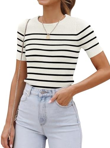 ZESICA Women's Short Sleeve Crewneck Striped T Shirt Summer Ribbed Knit Slim Fit Casual Basic Tee Tops