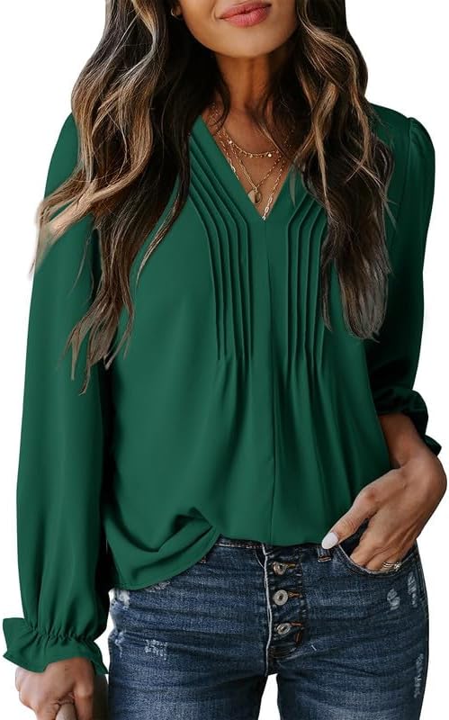 Dokotoo Womens Tops Casual Pleated V Neck Puff Long Sleeve T Shirts Loose Tunic Business Blouse
