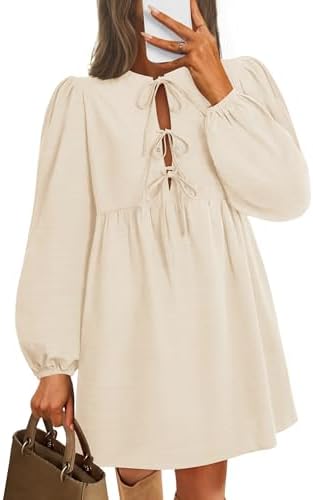 ZESICA Women's Dress Fall Long Puff Sleeve Self Tie Front Babydoll A Line Pleated Cute Mini Tunic Dresses 2024