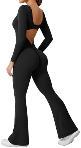 YEOREO One Piece Wide Leg Jumpsuits for Women Workout Long Sleeve Backless Flare Jumpsuit Lizvette Scrunch V Back Yoga Romper