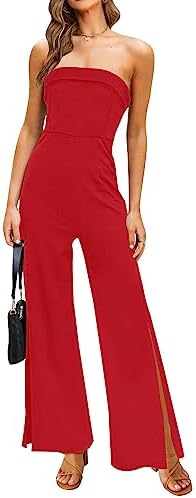 ZESICA Women's Strapless Jumpsuit Casual Off Shoulder High Waist Wide Leg Side Slit Long Romper Playsuits with Pockets