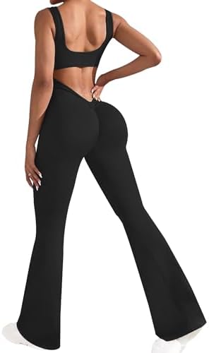 OLCHEE Womens Flare Jumpsuits One Piece Seamless Butt Scrunch Workout Romper Square Neck Backless Wide Leg Unitard