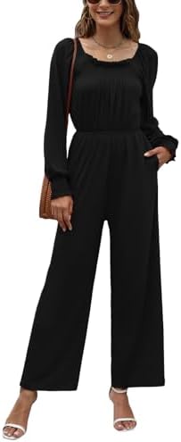 Tanou Long Sleeve Jumpsuits For Women Smocked Wide Leg One Piece Jumpsuit Fall 2024 Casual Loose Rompers With Pockets
