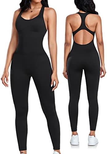 OLCHEE Womens Workout Jumpsuits Seamless Yoga Gym Bodycon Rompers Sexy Racerback Tummy Control Padded Bra Unitard