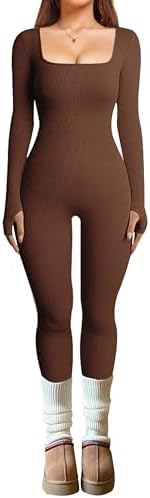OLCHEE Women Long Sleeves Workout Jumpsuits Ribbed Seamless Square Neck Tummy Control Romper Thumb Hole Bodycon Yoga Unitard