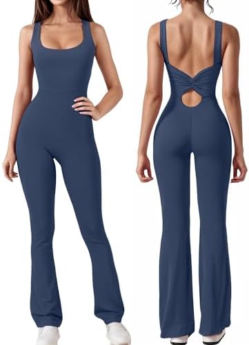 Tanou Women's Yoga Flare Jumpsuits Strappy Square Neck Backless Cutout One Piece Workout Bodycon Unitard