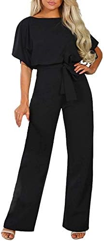 Happy Sailed Womens Loose Short Sleeve Belted Wide Leg Pant Romper Jumpsuit Business Casual One Piece Outfits