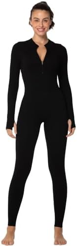 Sunzel Long Sleeve Jumpsuits for Women, Ribbed One Piece Casual Yoga Workout Zip Front Bodycon, Legging Fit & Thumbhole