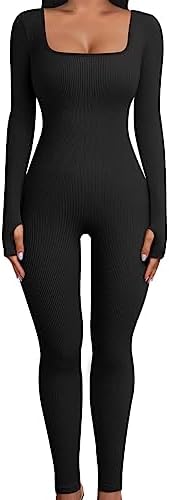 Yuson Girl Womens Unitard Bodysuits One Piece Long Sleeve Sport Jumpsuit Square Neck Yoga Exercise Workout Rompers Bodycon
