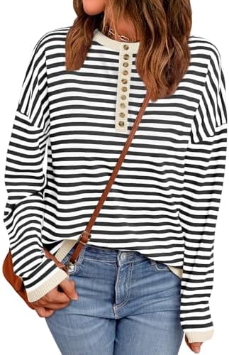 LILLUSORY Womens Striped Henley Sweater Long Sleeve Oversized Knit Trendy Pullover Top Fall Fashion Clothes 2024