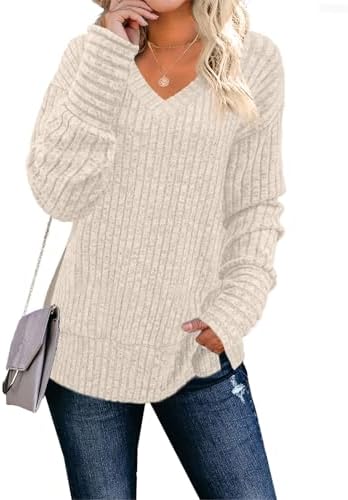 JomeDesign Womens Sweaters Long Sleeve V Neck Shirts Loose Casual Fashion Tops