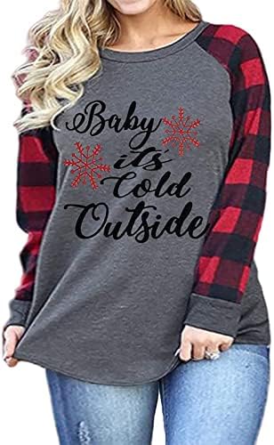 UNIQUEONE Plus Size Baby It's Cold Outside Christmas T Shirt Women Long Sleeve Plaid Splicing Tops Blouse