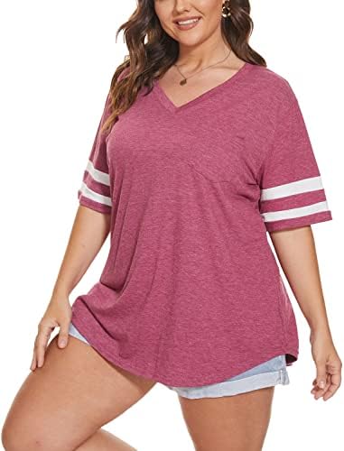 Plus Size V Neck T Shirts for Women Loose Casual Tees Summer Short Sleeve Tunic Tops with Pocket 2X-4X
