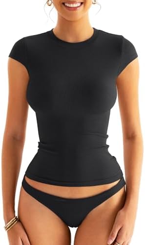 Womens Cap Sleeve Tops Crew Neck Ribbed Knit Tops Fitted Basic Summer Short Sleeve T Shirts