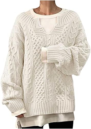 Women's 2022 Winter Fall Chunky V Neck Sweaters Pullover Oversized Cable Knit Tops Solid Color Trendy Jumper Knitwear
