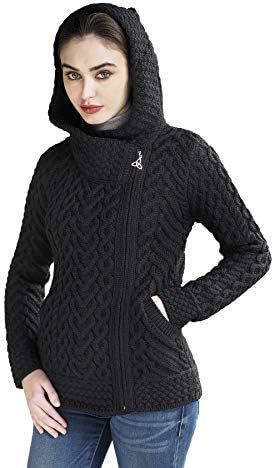 Aran Crafts Women's Cable Knit Comfortable Side Zip Hoodie (100% Merino Wool)