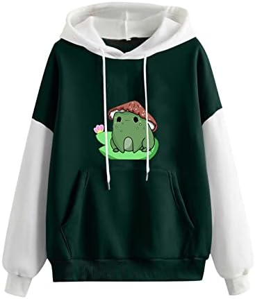 Xiaojmake Fashion Cute Frog Hoodies for Women Girls, Frog Print Kawaii Sweatshirt Long Sleeve Hooded Pullover Top with Pocket