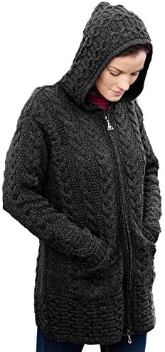 100% Irish Merino Wool Ladies Hooded Aran Zip Sweater Coat by West End Knitwear
