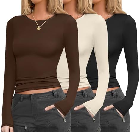 Ekouaer Womens 3 Pack Long Sleeve Shirts Fitted Tops Base Layering Tight Thermal Undershirts S-XXL