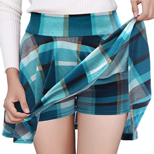 DJT Womens Casual Stretchy High Waist Flared A-Line Plaid Mini Skater Skirt with Shorts