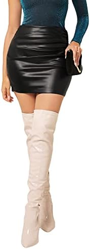 WDIRARA Women PU Leather Bodycon Short Skirt Ruched Wrap High Rise Skirt