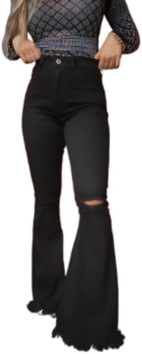 Willow Boutique Farrah Distressed Flare Jeans for Women – Trendy & Casual High Waisted Bell Bottom Pants for Women - Black