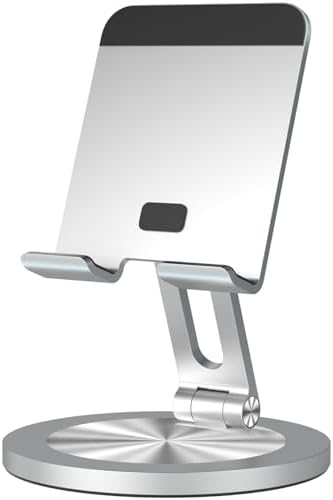 360 Rotating Phone Stand for Desk, Dual-Adjustable Foldable Aluminum Desktop Phone Holder Compatible with iPhone 15 14 13 12 11 Series, iPad-Mini, 4-8" All Phones (Silver)