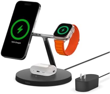 Belkin MagSafe Charger, 3-in-1 Wireless Charging Stand, 2ND GEN, 33% Faster for Apple Watch, iPhone 15, iPhone 14, iPhone 13 Series, AirPods - MagSafe Charging Station for Multiple Devices - Black