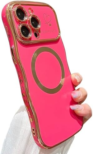 for iPhone 14 Pro Max Case Magnetic,for Women Girls Soft Cute Wave Frame Curly Shape Love Heart Luxury Plating Phone Case Compatible with MagSafe Shockproof Back Cover 6.7"-Hot Pink