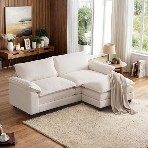 VINGLI 85.4" Convertible Sectional Sofa,L-Shaped Deep Seat Sofa Couch for Living Room,Modern 2-Seat Loveseat Sofa with Ottoman for Small Space(White,Faux Sherpa, 85.4")