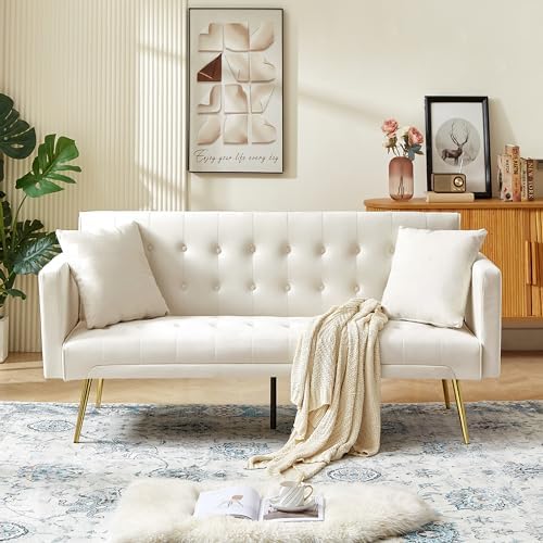 72"Modern Velvet Sofa Bed Futon,Convertible Folding Sleeper Bed Couches with 3 Adjustable Backrests,Tufted Recliner Loveseat with Golden Chrome Legs for Small Living Room Office (Beige+buttons tufted)
