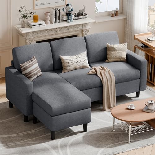 SUNLEI L-Shaped Couch Sofa for Living Room Convertible Sectional Sofa with Reversible Chaise Modern Linen Fabric,Sectional Sofa Couch for Small Space(Dark Grey)