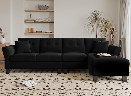 Belffin Convertible Sectional Couch Velvet L Shaped Sofa 4 Seat Sofa with Chaise L-Shaped Couches Reversible Sectional Sofa (Black, L Shaped Couch)