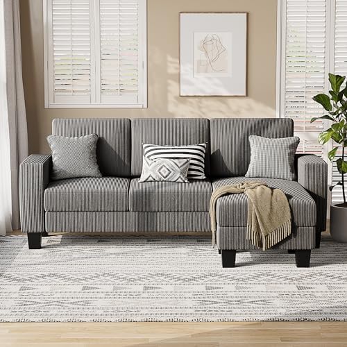 VICTONE Sectional Sofa Couch, 3 seat L-shaped Sofa with Coral Velvet Fabric, Movable Ottoman Small Couch for small Apartments, Living Rooms and Offices (Grey)