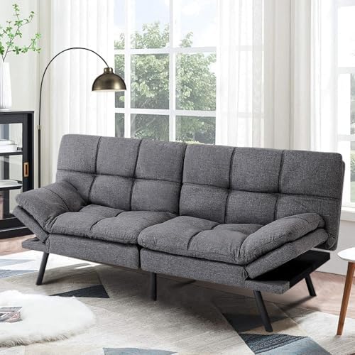 MUUEGM Futon Sofa Bed，Memory Foam Futon Convertible Couch Bed, Sofa Bed Couch,Modern Loveseat Sofa,Sleeper Couch for Small Space，Apartment, Living Room,Adjustable Backrests Armrests,Grey