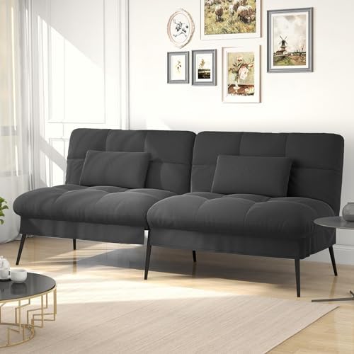 LUCKLIFE Futon Sofa Bed, Fabric Futon Couch with Adjustable Backrest, Convertible Sleeper Sofa with 2 Throw Pillows, Folding Futon Sleeper, Modern Reclining Sofa Bed Loveseat for Living Room (Black)
