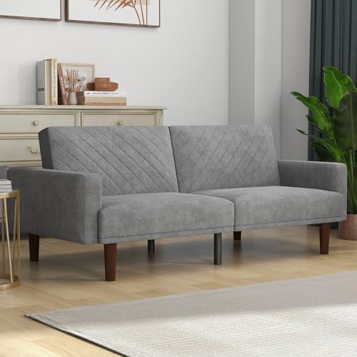 Futon Sofa Couch Bed Solid Wood Legs, Soft Fabric Convertible Sleeper Sofa Small Loveseat for Small Space Apartment, Bedroom, Living Room, Grey