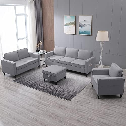 4 Pcs Sectional Sofa with Storage Ottoman for Living Room, Sectional Couches and Loveseat Sets, Living Room Furniture Set,3-Seat Sofa + Ottoman + Loveseat+ Armchair,Light Grey