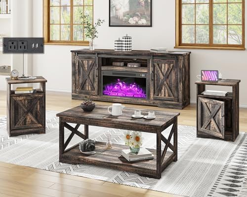 AMERLIFE 5-Piece Farmhouse Table Set Includes Fireplace TV Stand, Coffee Table& Two End Tables with Charging Station and USB Ports, for Living Room, Dark Oak, 63"