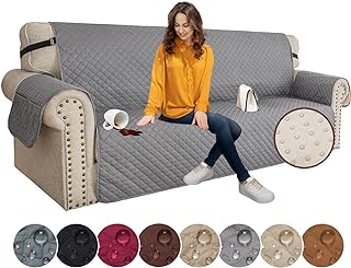 XINEAGE Quilted Sofa Cover Waterproof Couch Covers for 3 Cushion Couch, Super Soft Washable Slipcover with Pockets & Non-Slip Elastic Straps, Thick Furniture Protector (Sofa, Light Grey)
