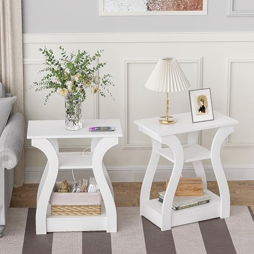 End Table Set of 2 with Charging Station, Side Table with USB Ports and Outlets, Nightstand, 3 Tier End Table with Storage Shelf for Living Room, Bedroom(White Set of 2)