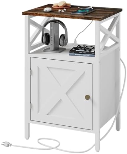 LDTTCUK Side Table with Charging Station, End Table with Power Outlet & USB Ports, Nightstand with 2 Tiers Storage Space and Storage Cabinet, Sofa Side Tables for Bedroom, Living Room,Office,White